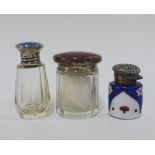 George V silver and blue enamel topped glass scent bottle, London 1920, another with a Birmingham