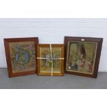 Three 19th century and later woolwork tapestry panels, one in a rosewood frame and one with a
