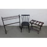 A black Ercol stick back chair, luggage stand and a towel rail, (3)