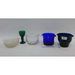 Bristol Blue glass rinser and three others, a green wine glass and a clear glass swizzle stick, (6)