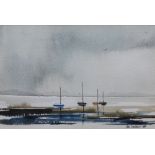 ken Lochhead, 'Anchorage' watercolour and ink, signed and framed under glass, 15.5 x 10cm