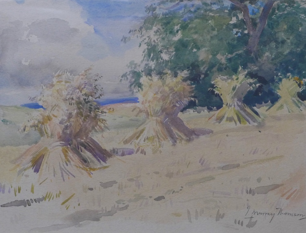 John Murray Thomson, watercolour of haystacks, signed and framed under glass, 37 x 28cm