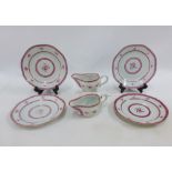 Chinese sauce boats and set of four octagonal plates with pink floral sprays and borders, some