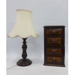 Mahogany table lamp base and small mahogany and burr wood four drawer chest, 46cm high (2)