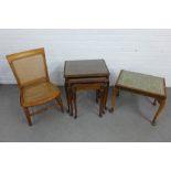 Small satinwood and bergere chair, vintage nest of three tables and a stool with duck egg blue