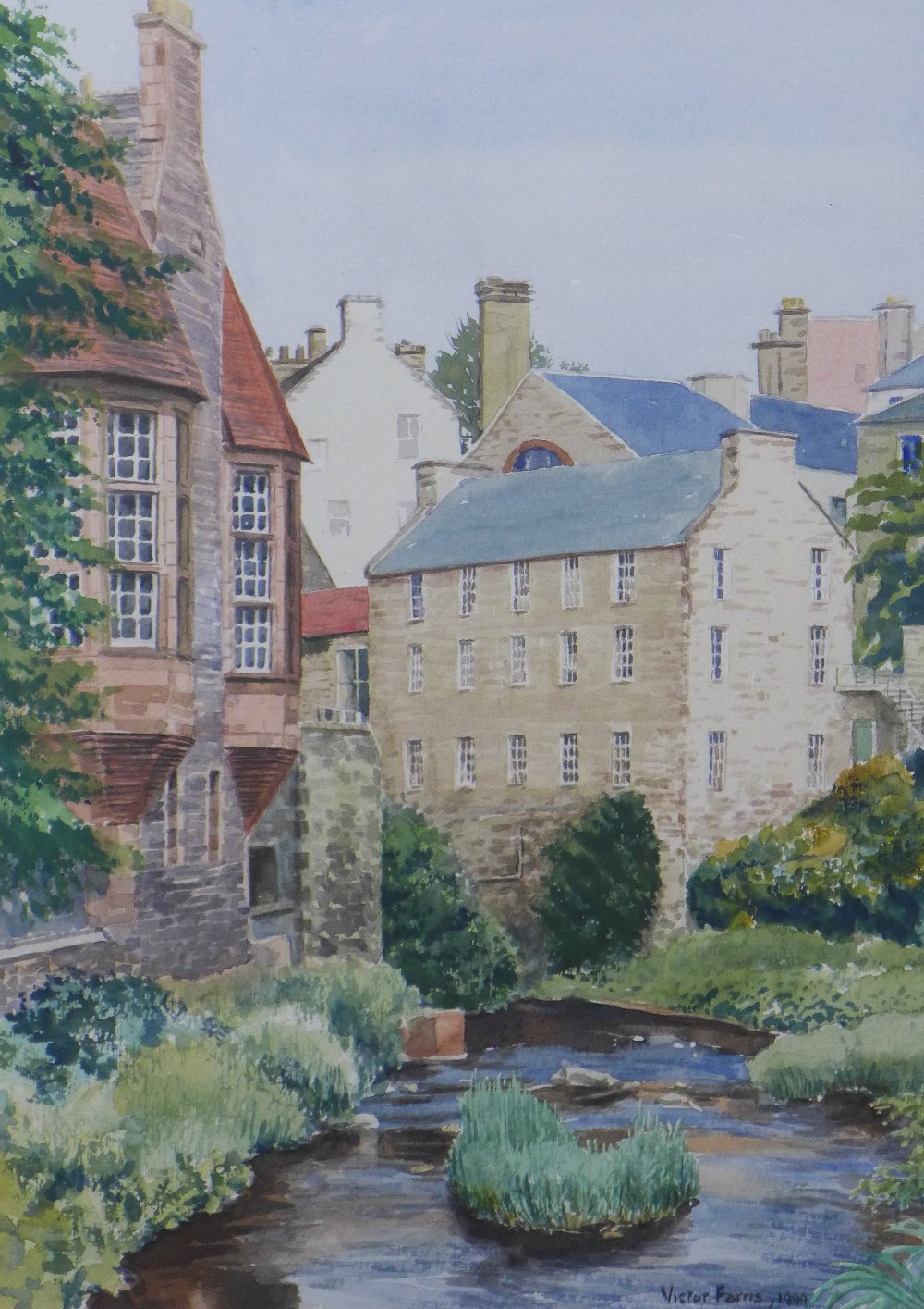 Victor Farris, watercolour of The Dean Village, Edinburgh, signed and dated 1994, framed under glas