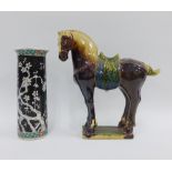 Chinese Tang style pottery horse and a famille noire porcelain vase, tallest 25cm (2)