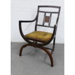 Mahogany and inlaid open armchair, with an inlaid splat, upholstered seat and x frame legs, 88 x