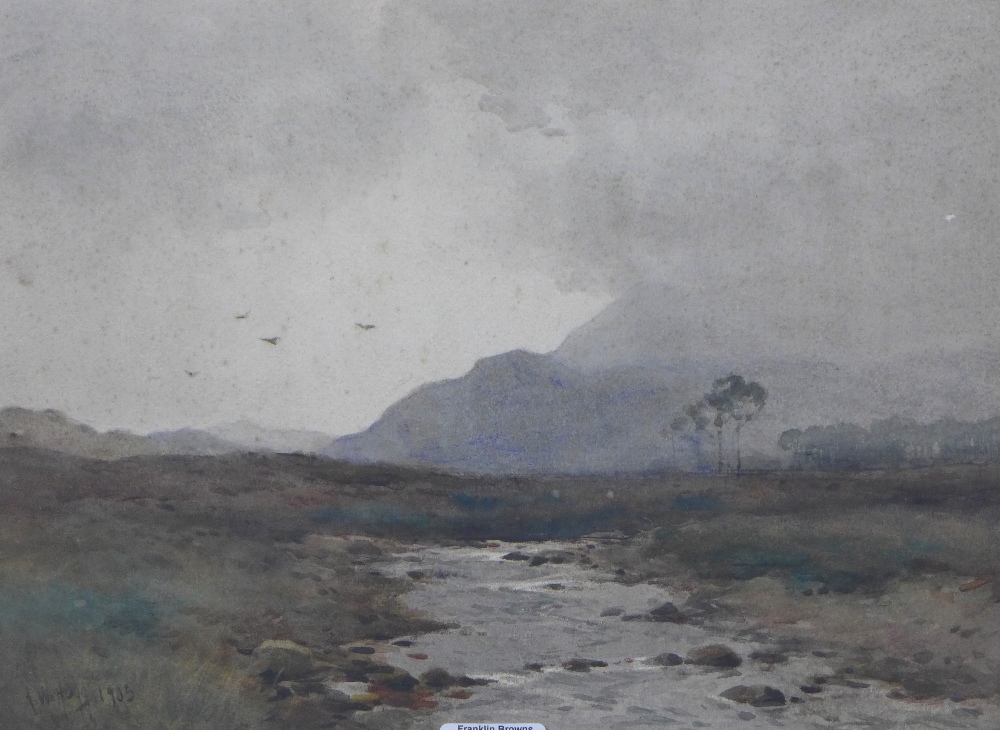 A.W Hogg, watercolour landscape with stream, signed and dated 1905, framed under glass, 36 x 26cm