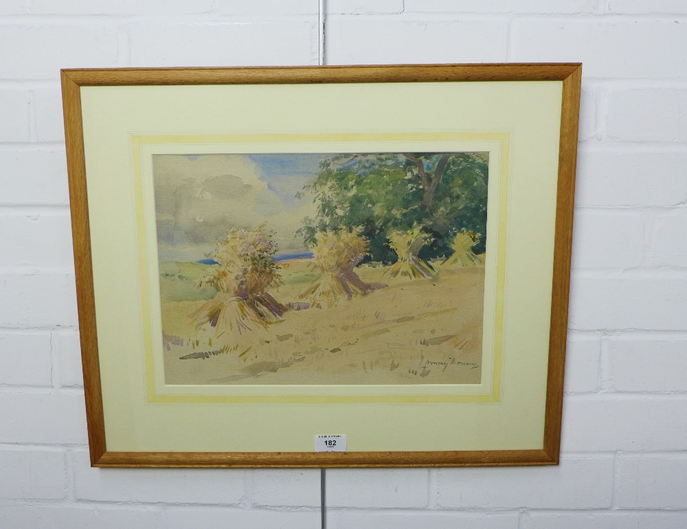 John Murray Thomson, watercolour of haystacks, signed and framed under glass, 37 x 28cm - Image 2 of 3