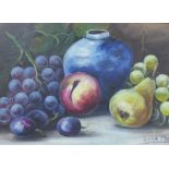 Late 19th century School still life of fruit and a vase, signed indistinctly and dated '96, oil on