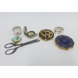 Mixed lot to include two silver napkin rings, pocket compass, two compacts, pill box and