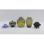 Mixed lot to include a yellow glazed chinoiserie ginger jar and cover (a/f), crackled smoke glass