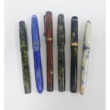 Six vintage fountain pens to include Onoto 'The Pen' with 14ct mount, Silver Wing, The De La Rue Pen