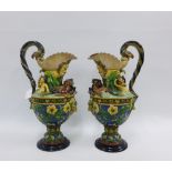 Pair of Wilhelm Schiller & Son Majolica Bacchus jugs (some losses and repairs) 45cm high (2)