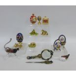 Collection of gilt metal eggs and trinket boxes, glass animals, etc (a lot)
