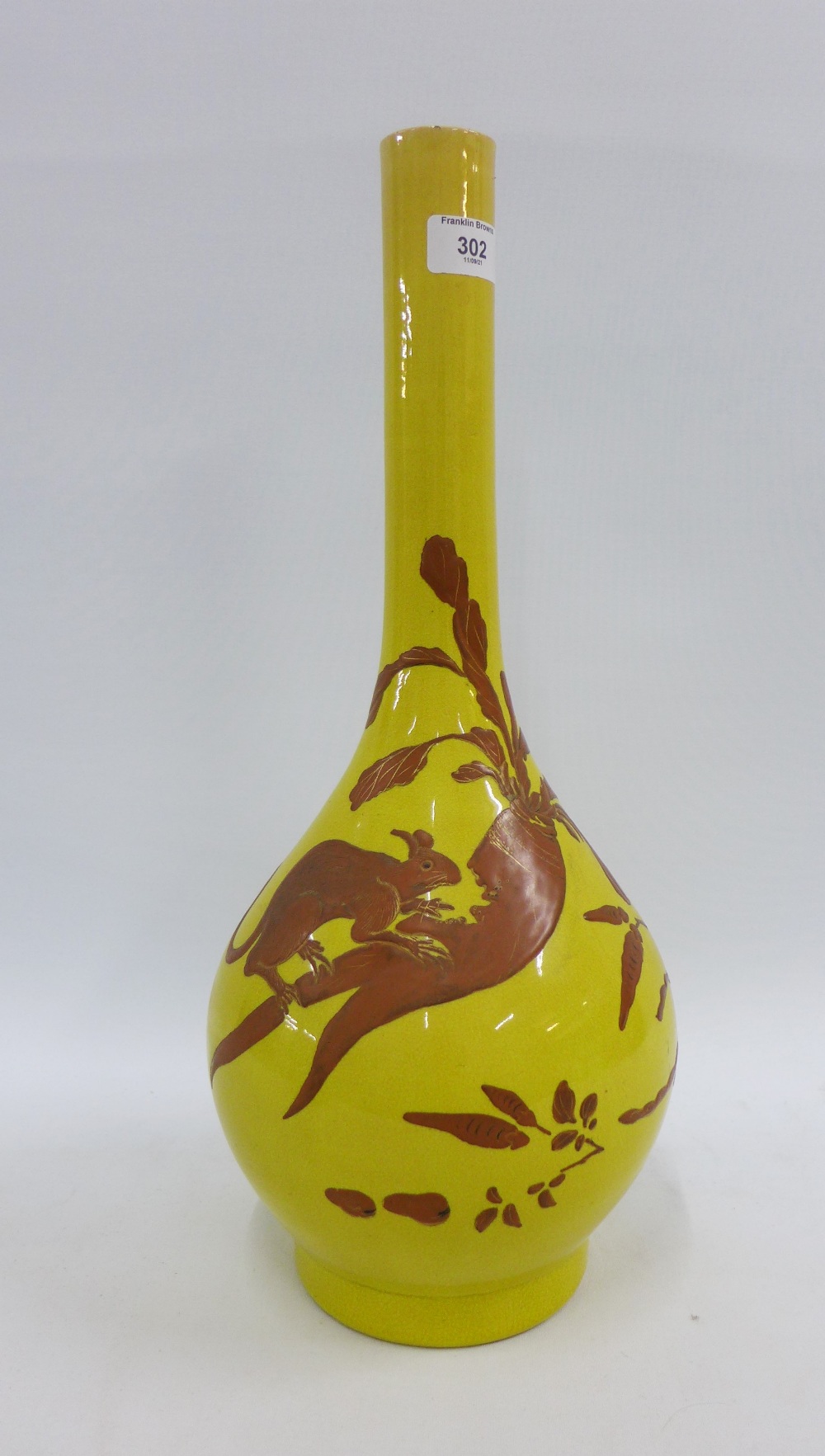 Late 19th / early 20th century yellow glazed vase with squirrel and carrot pattern, 47cm high