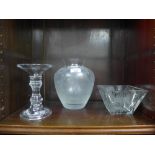 Glassware to include a Japanese etched glass vase, a square glass bowl and a knop stemmed stand,