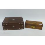 Rosewood and abalone inlaid box together with a walnut and brass mounted box, largest 30 x 22.5cm (