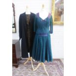 Vintage clothing to include a black jacket and two dresses, one with green lace and a satin waist