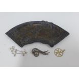 9ct gold Maltese cross pendant, two silver brooches and a Art Nouveau crescent shaped tray with