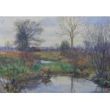 H.G Crabbe, watercolour of a pond and landscape, signed and dated '87, framed under glass, 35 x 25cm