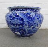 Large blue and white chinoiserie planter with bird and blossom pattern, 37cm wide