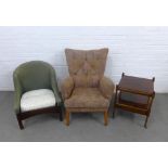 Two vintage armchairs and a two tier lamp table, (a/f) (3)