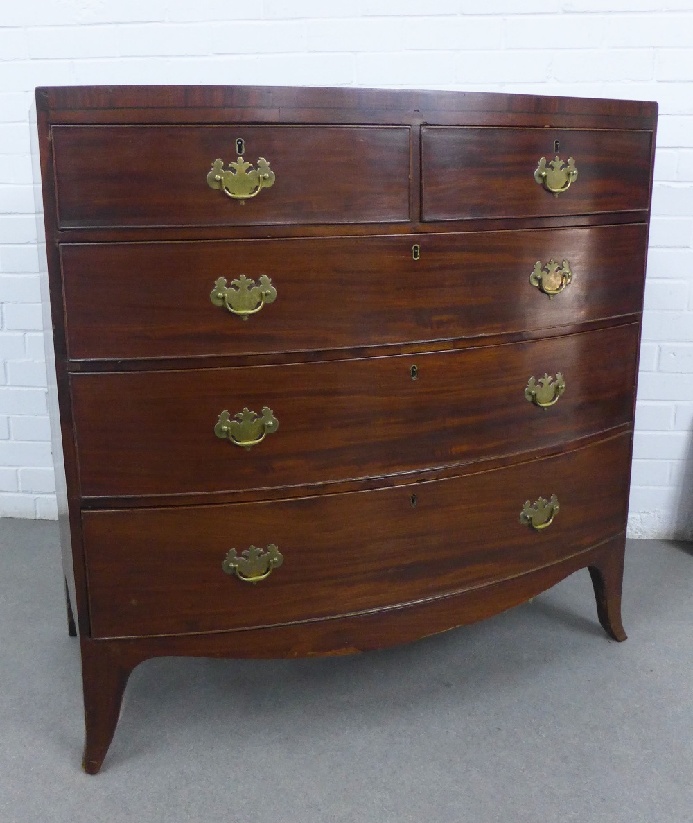 19th century mahogany bow front chest with two short and three graduating long drawers, on bracket