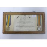 Framed group of WWI War & Victory medals together with a War Office note of Despatch awarded to