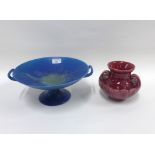 Pilkingtons Lancastrian sang de beouf glazed vase and a blue glazed bowl with handles, tallest