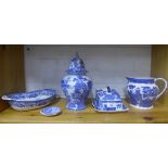 Collection of Staffordshire transfer printed blue and white pottery to include a Masons jar and