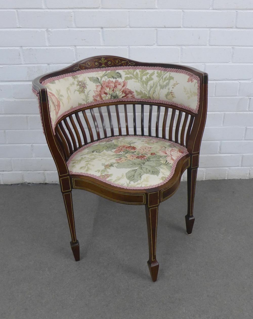 Edwardian mahogany and inlaid corner chair with floral upholstered back and seat, 54 x cm