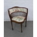 Edwardian mahogany and inlaid corner chair with floral upholstered back and seat, 54 x cm