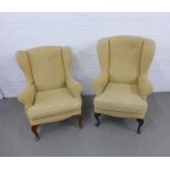 Two yellow upholstered wing armchairs, tallest 76 x 108cm (2)