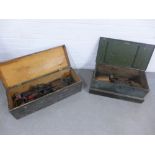 Two pine storage boxes / trunks containing a quantity of vintage tools to include wood working