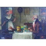 George Fox (BRITISH 1876 - 1916), Gent at the dining table, oil on board, signed, framed, 24 x 17cm