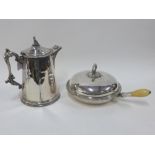 Epns flagon and an Epns serving pan with ivory handle, tallest 30cm (2)