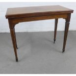 19th century rosewood and satin inlaid card table, the rectangular fold over top raised on square