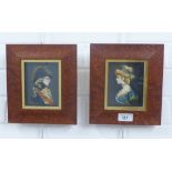 Pair of wax relief panels by Leslie Kay, in burr frames, sizes overall 19 x 22cm (2)