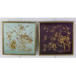 A pair of gold thread embroidered panels of flowers and foliage, framed under glass, size overall 43
