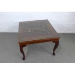 Eastern hardwood coffee / lamp table with pierced top with brass inlay and glass cover, 77 x 56 x