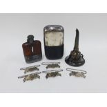 Epns items to include a two part wine funnel, five decanter labels and two hip flasks, (8)