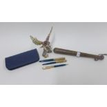 Mixed lot to include a small truncheon, Parker pens and an owl trinket box (a lot)