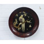 Japanese lacquered circular wall charger with a bird perched on a branch pattern, 46cm diameter