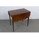 19th century mahogany Pembroke table with satin inlay, on tapering legs with brass castors, 77 x