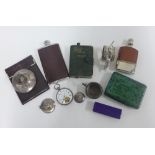 Mixed lot to include hip flasks, pocket watch, napkin ring and a vintage Jenner's Edinburgh tin, etc