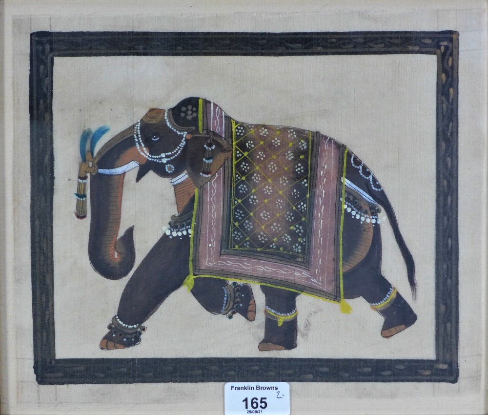 A companion pair of Indian School gouache paintings on fabric of elephants, framed under glass, 30 x - Image 2 of 3