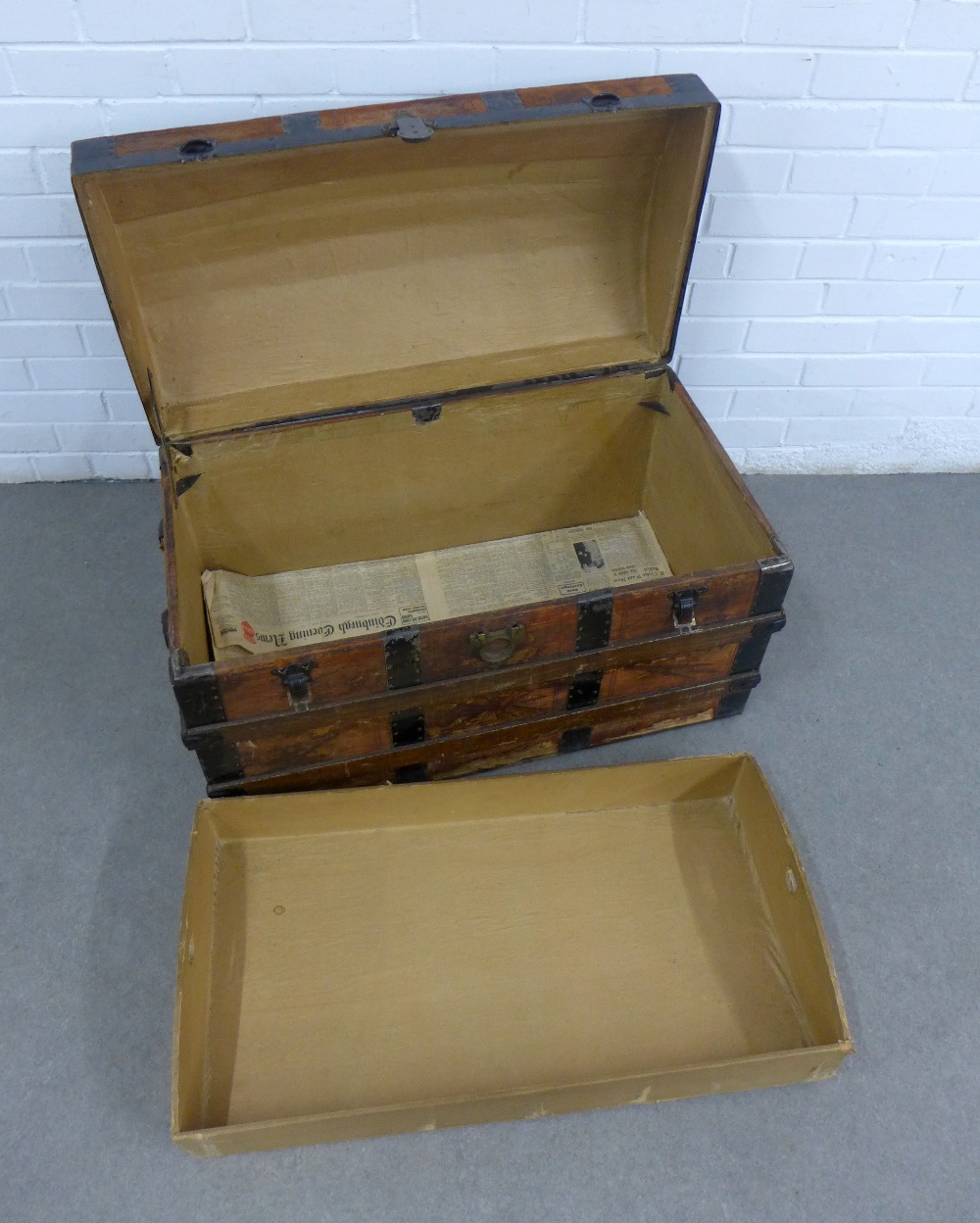 Dome top trunk with oak and metal bound leather outer covering with a lift out tray to the interior, - Image 3 of 4