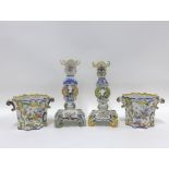 Pair of Italian pottery candlesticks and a pair of planters, tallest 25cm (4)